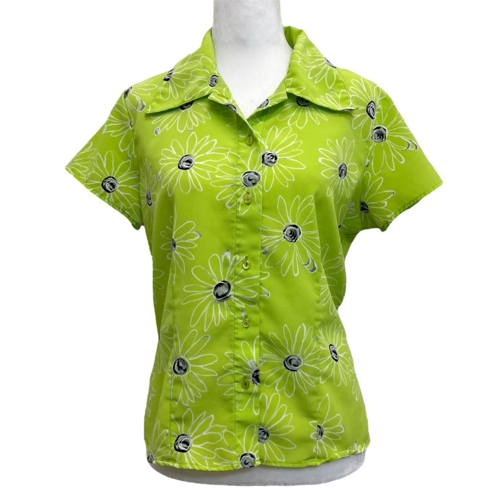 Xhilaration 90s Vintage Lime Green Floral Button Up Blouse Top